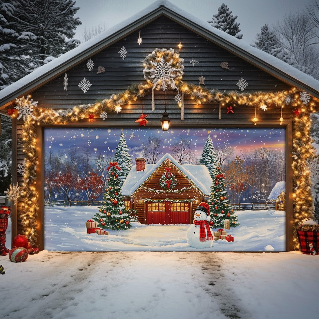 Snowman's Winter Haven Garage Door Cover Snowman And Cozy Cabin Outside Decor Xmas Presents