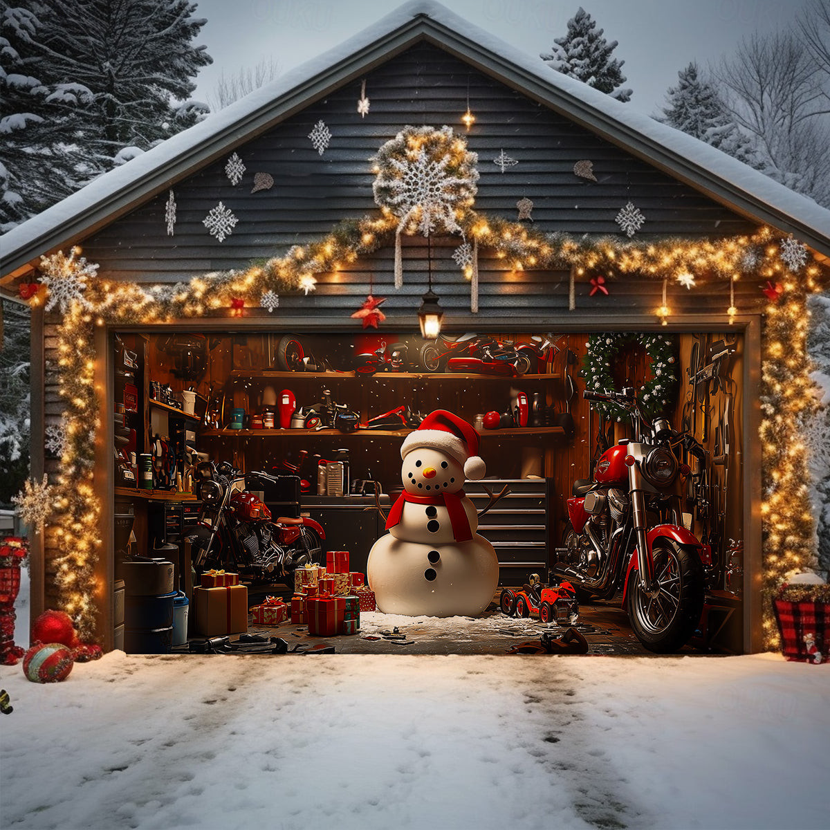Snowman's Workshop Christmas Garage Door Banner Christmas Decorations For Garage