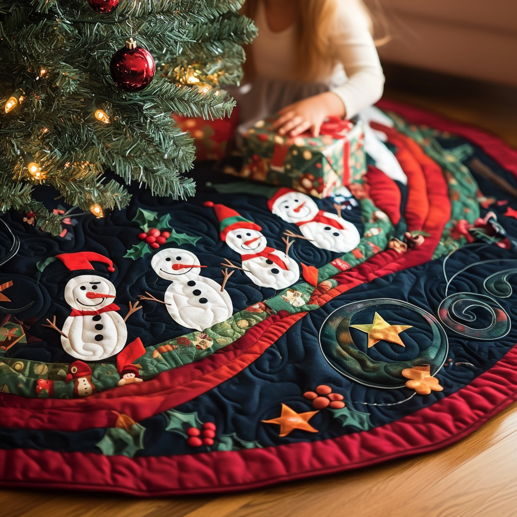 Snowmen Bridge Quilted Christmas Tree Skirt Perfect Holiday Gift for Home Decor Lovers Luxury Christmas Tree Skirt for Elegant Homes