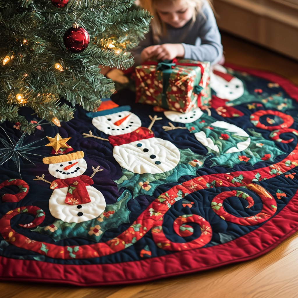 Snowmen Fantasy Quilted Christmas Tree Skirt Adorable Holiday Tree Skirt for Cozy Spaces Popular Gift Merch for Christmas Enthusiasts