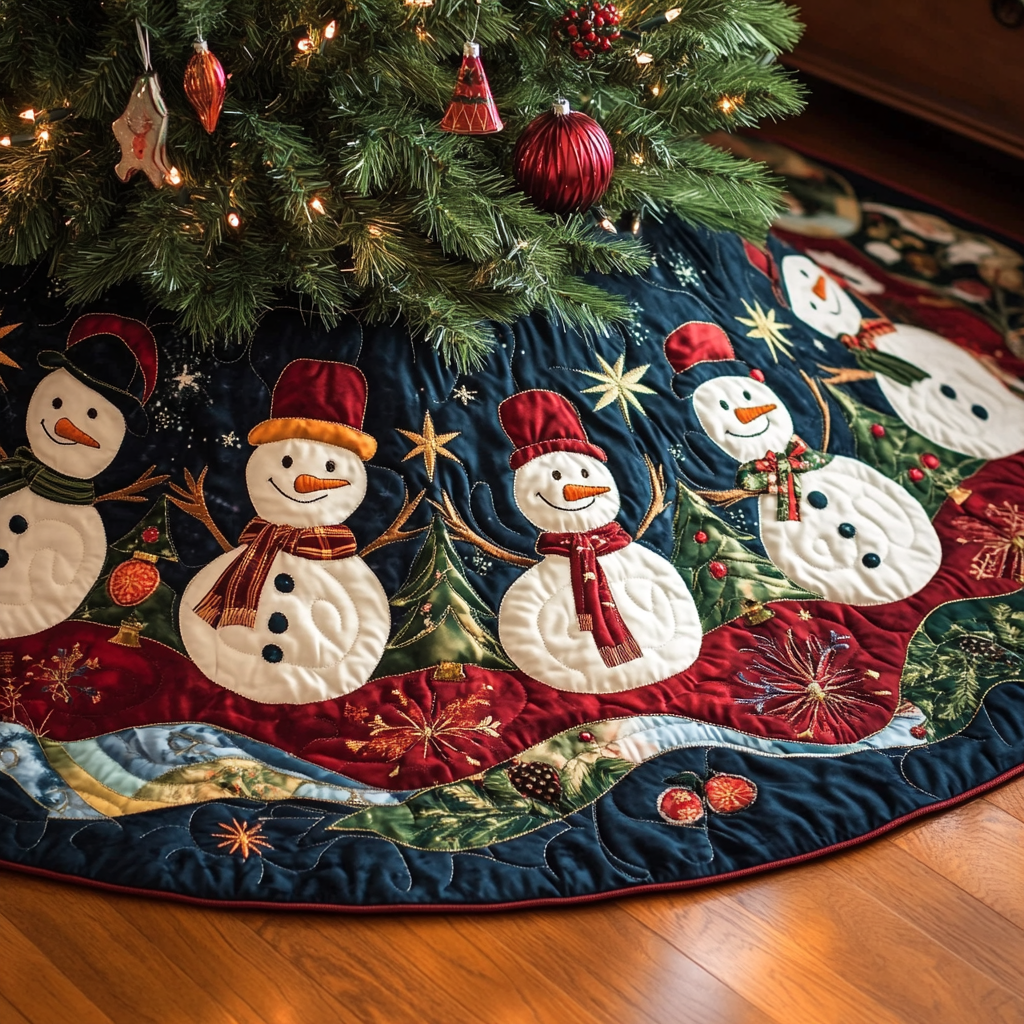 Snowmen Parade Quilted Christmas Tree Skirt Xmas Decorations Unique Christmas Gifts 2025
