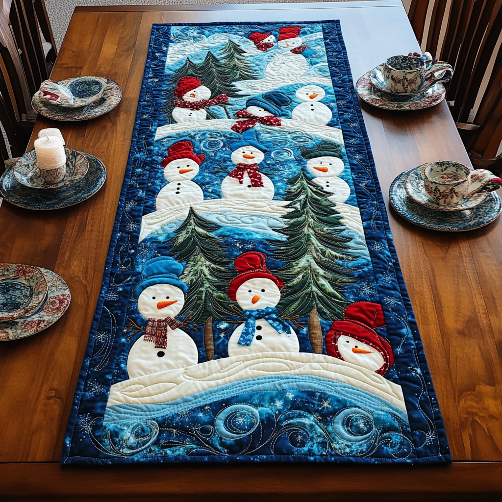 Snowmen Quilted Table Runner Decorations Christmas Holiday Dining Table Runner Presents