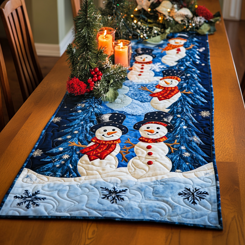 Snowmen Quilted Table Runner Decorations Christmas Holiday Dining Table Runner Presents