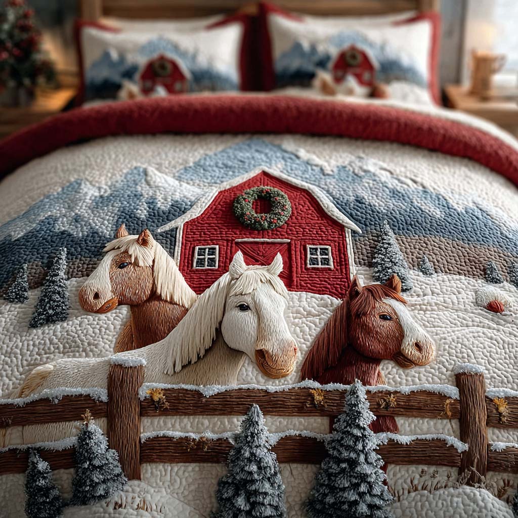 Snowy Barnyard Comfort Quilted Bedding Set Full Size Comforter Farmhouse Inspired Gift For Family