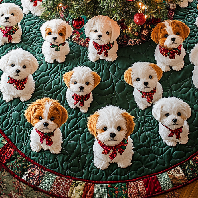 Snowy Bichon Cheer Christmas Quilted Tree Skirt Cozy Holiday Tree Skirt to Brighten Your Home