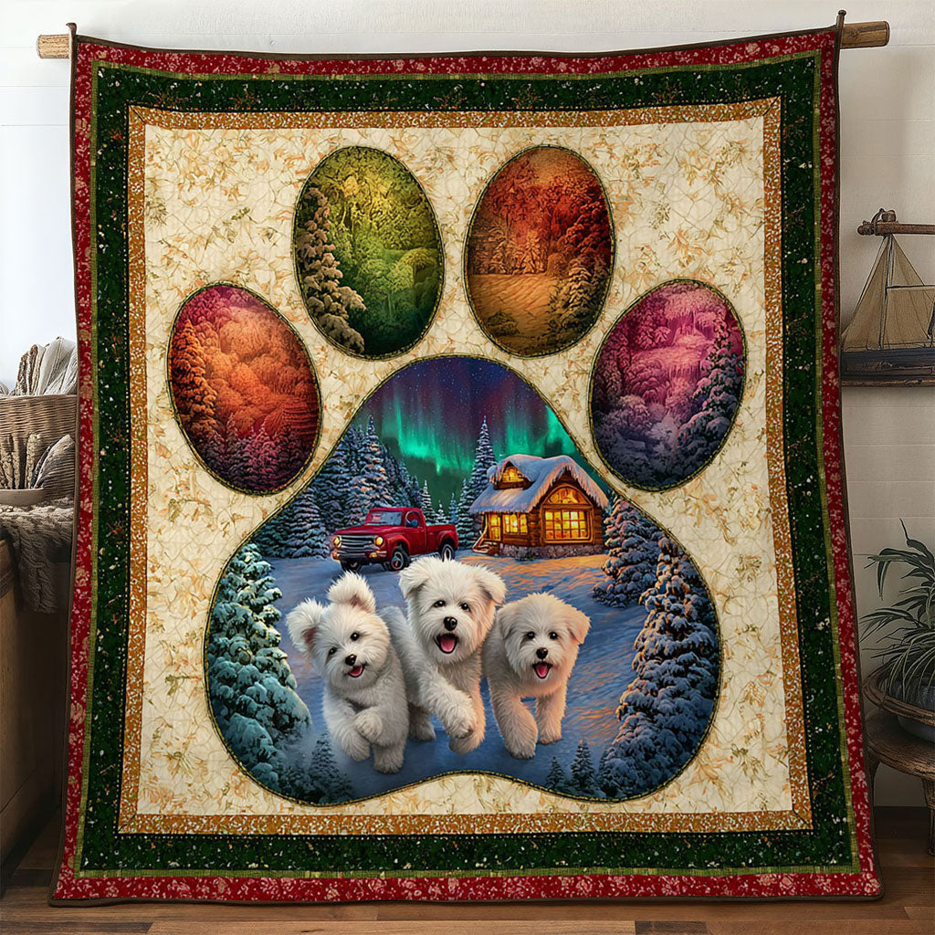Snowy Bichon Frise Paw Quilt Blanket Christmas Throw Blanket Bichon Frise Themed Gifts