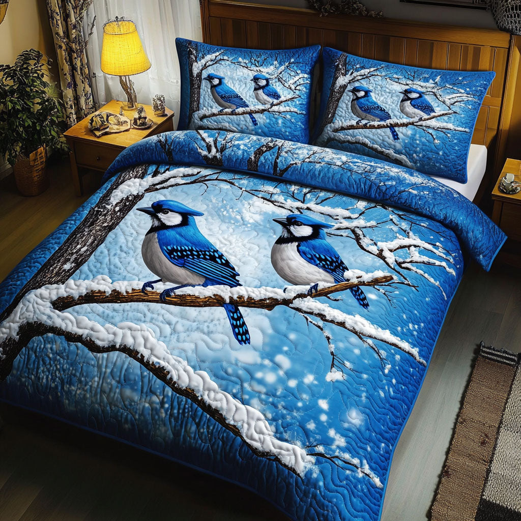Snowy Branch Jays Quilted Bedding Set Holiday Duvet Cover Set Best Gifts For Bird Lovers