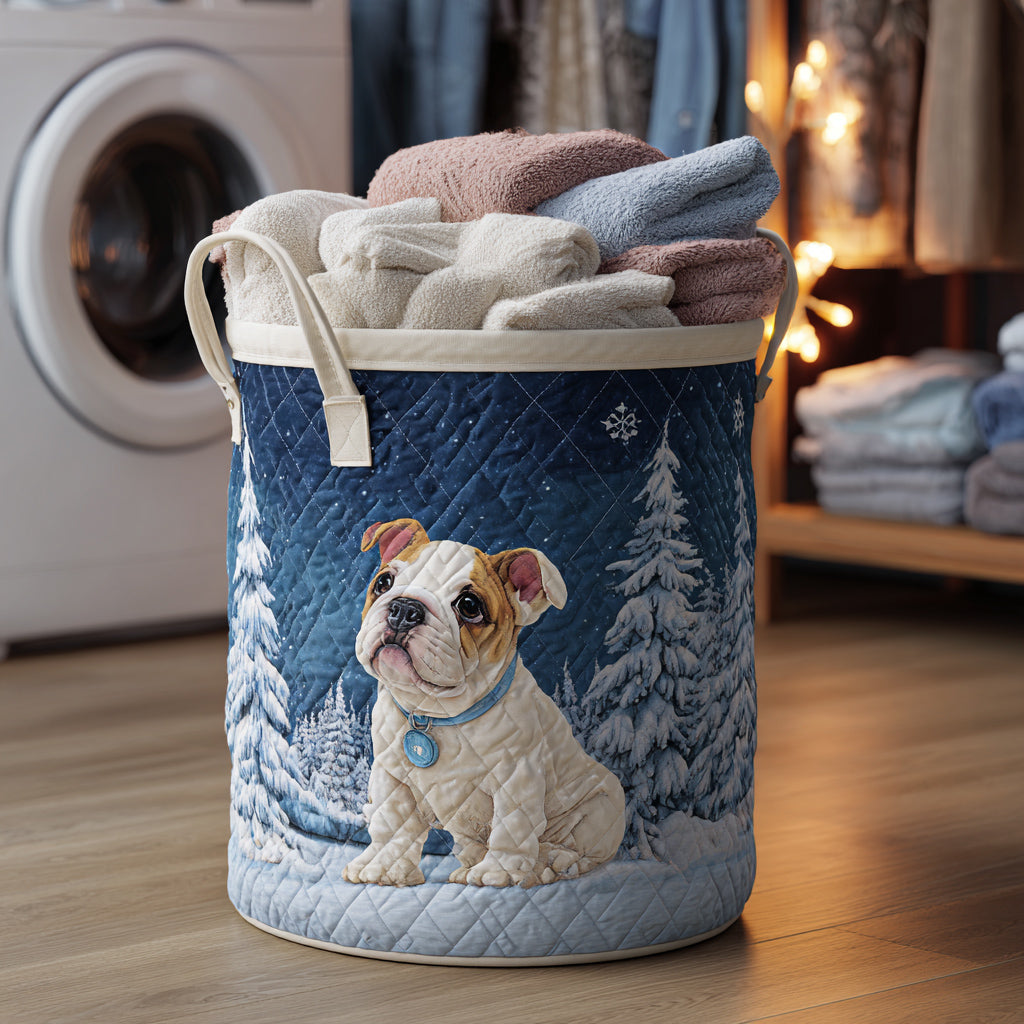 Snowy Bulldog Pup Quilted Laundry Basket Gift Idea For Busy Families