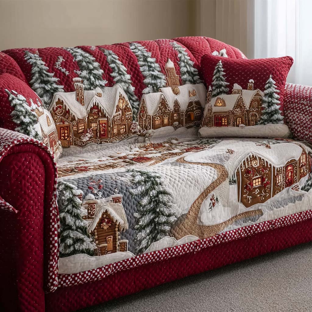 Snowy Cabin Quilted Sofa Cover Holiday Couch Covers Family Present Ideas