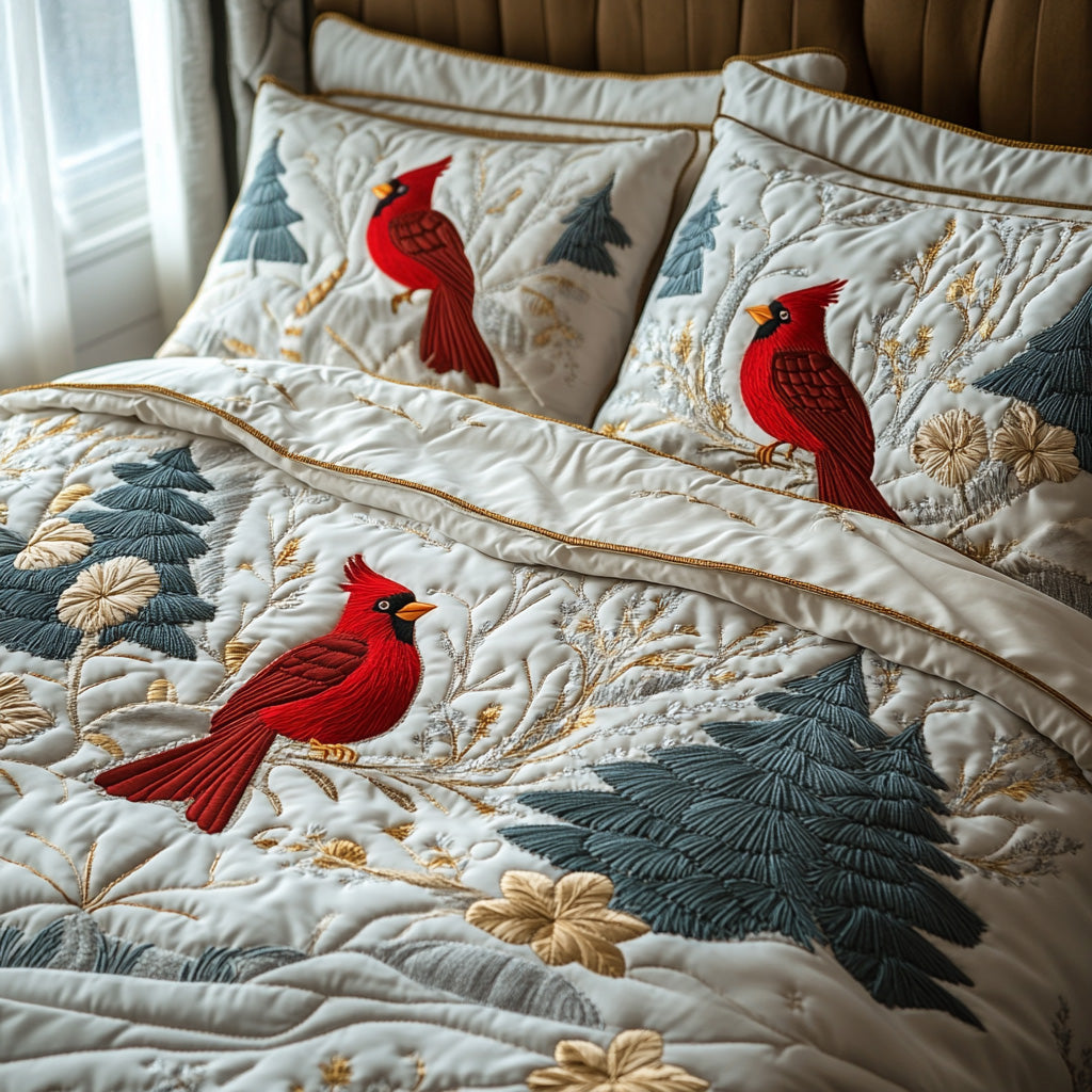 Snowy Cardinal Quilted Bedding Set Cozy Bedroom Decor Gifts For Cardinal Lovers