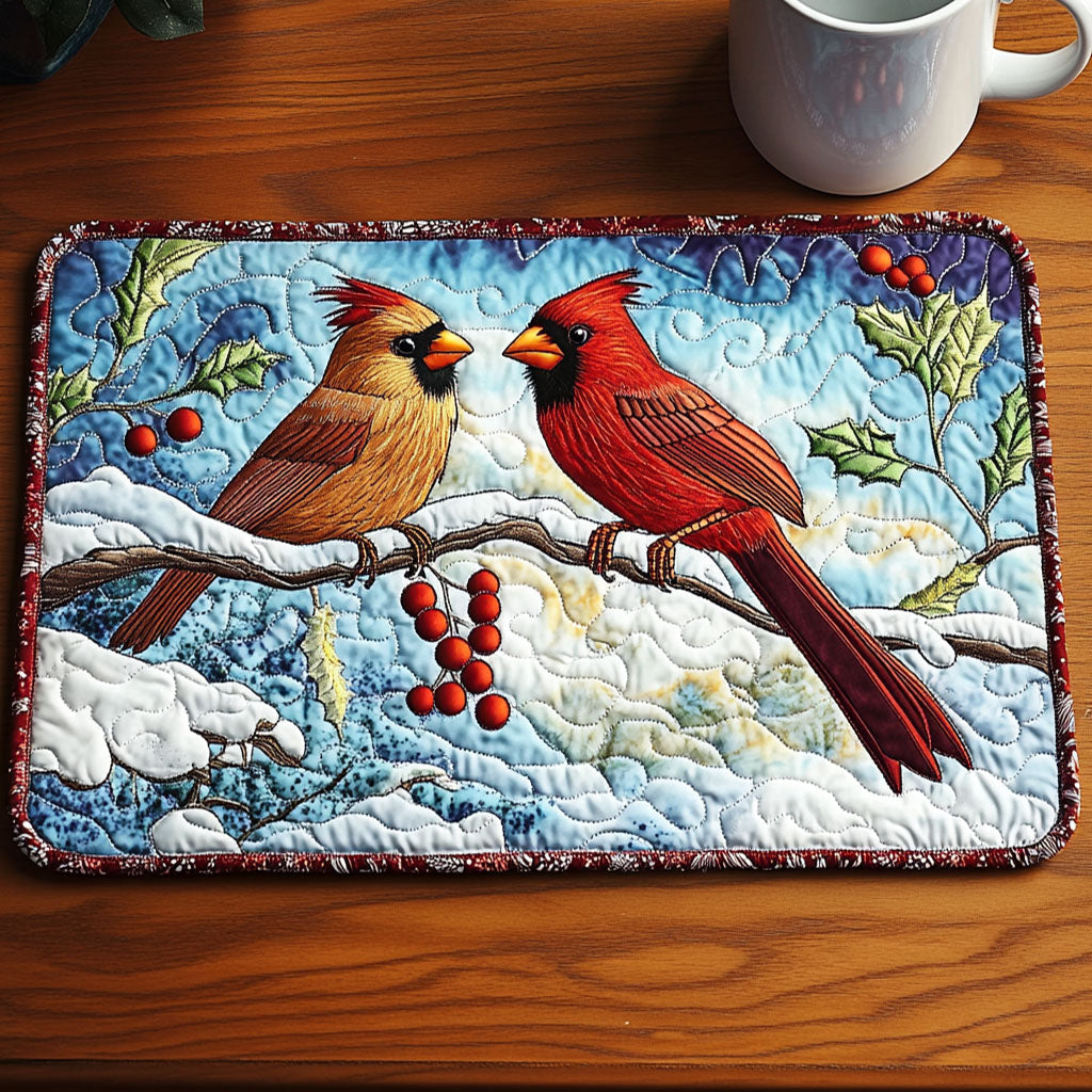 Snowy Cardinals Quilted Placemat Modern Holiday Decor Bird Watching Gifts