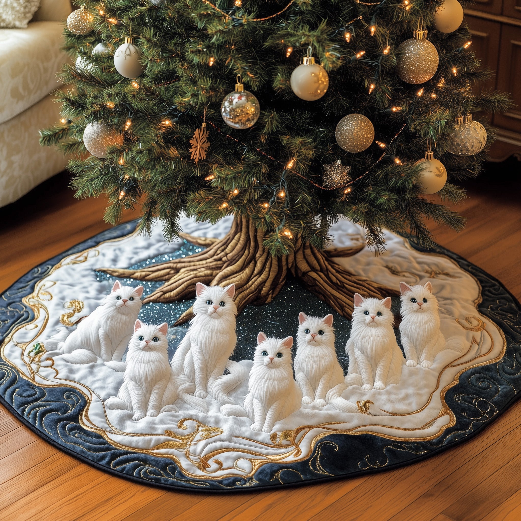 Snowy Cat Quilted Tree Skirt Heartwarming Family Gathering Merch