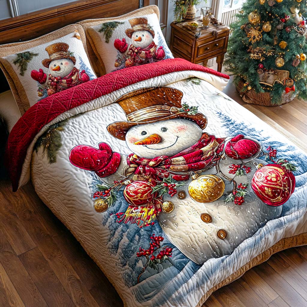 Snowy Cheer Quilted Bedding Set Holiday Duvet Covers Snowman Gifts For Adults