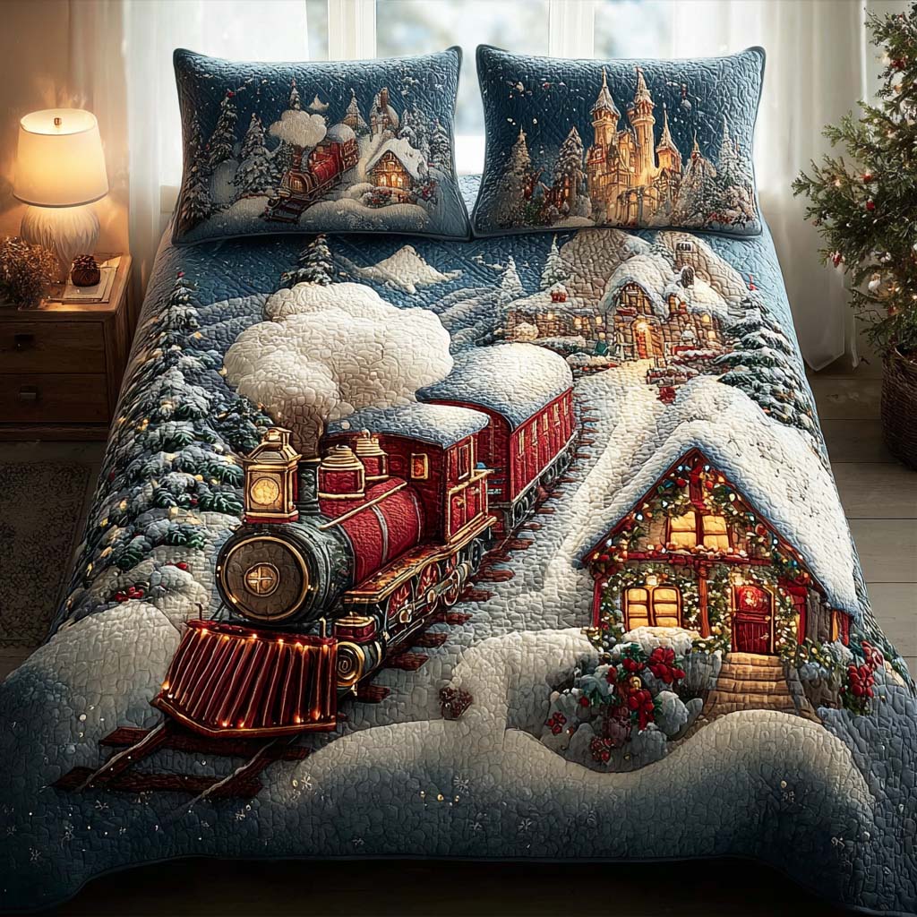 Snowy Christmas Village Quilted Bedding Set Full Size Bed Set Festive Gift For Children