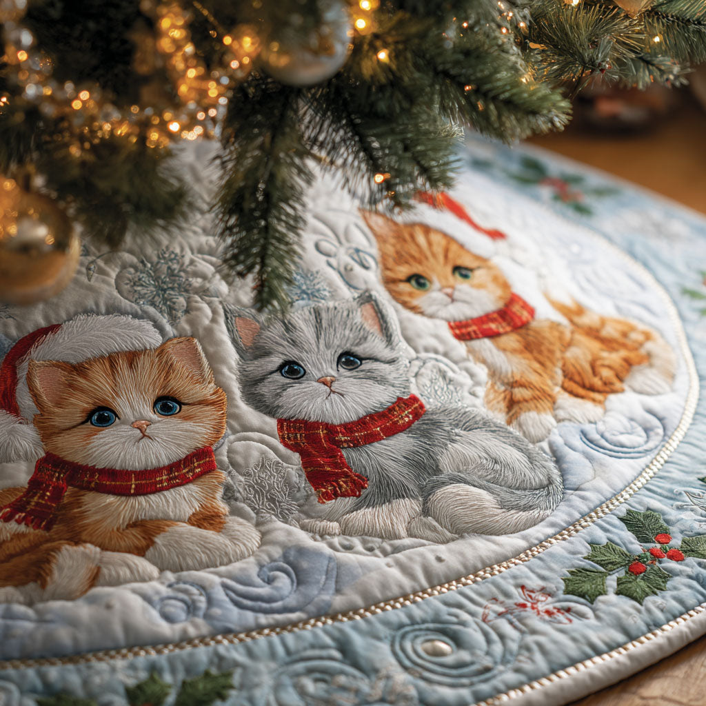 Snowy Companions Christmas Quilted Tree Skirt Cover For Xmas Tree Base Black Cat Gift Ideas