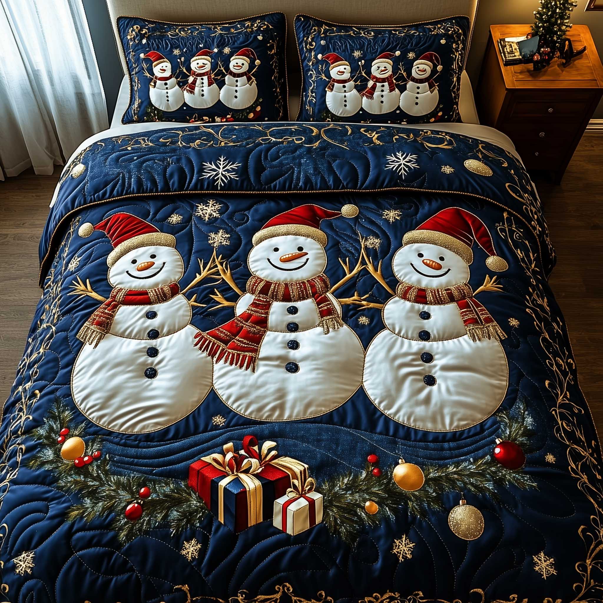 Snowy Companions Quilted Bedding Set Christmas Animal Bedroom Decor Holiday Gift Ideas