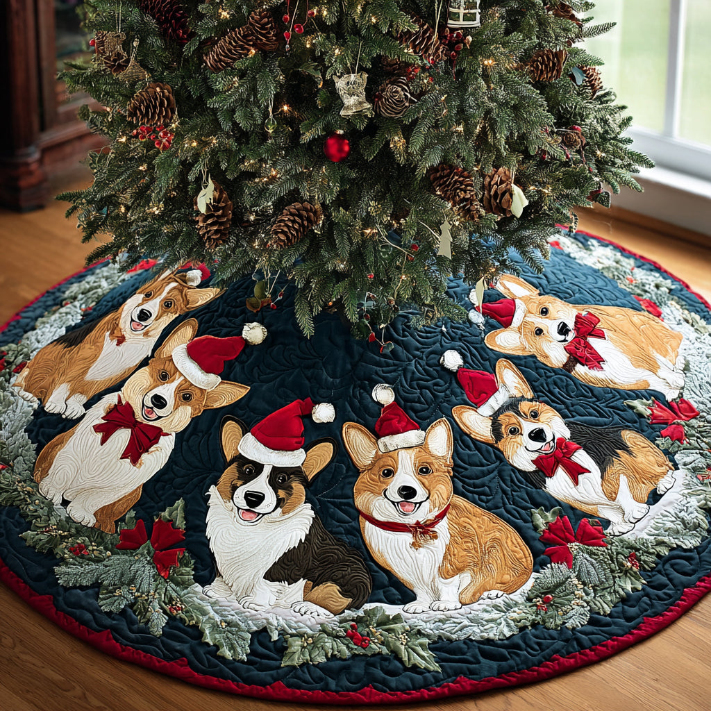 Snowy Corgi Cheer Quilted Christmas Tree Skirt Meaningful Christmas Gift to Warm the Heart