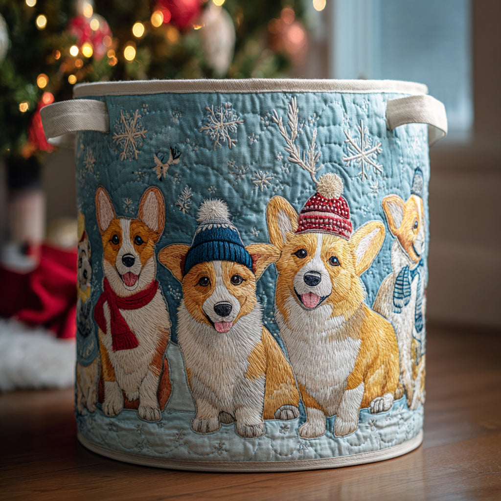 Snowy Corgi Cheer Quilted Laundry Basket Useful Quilted Laundry Basket Gift for Housewarming