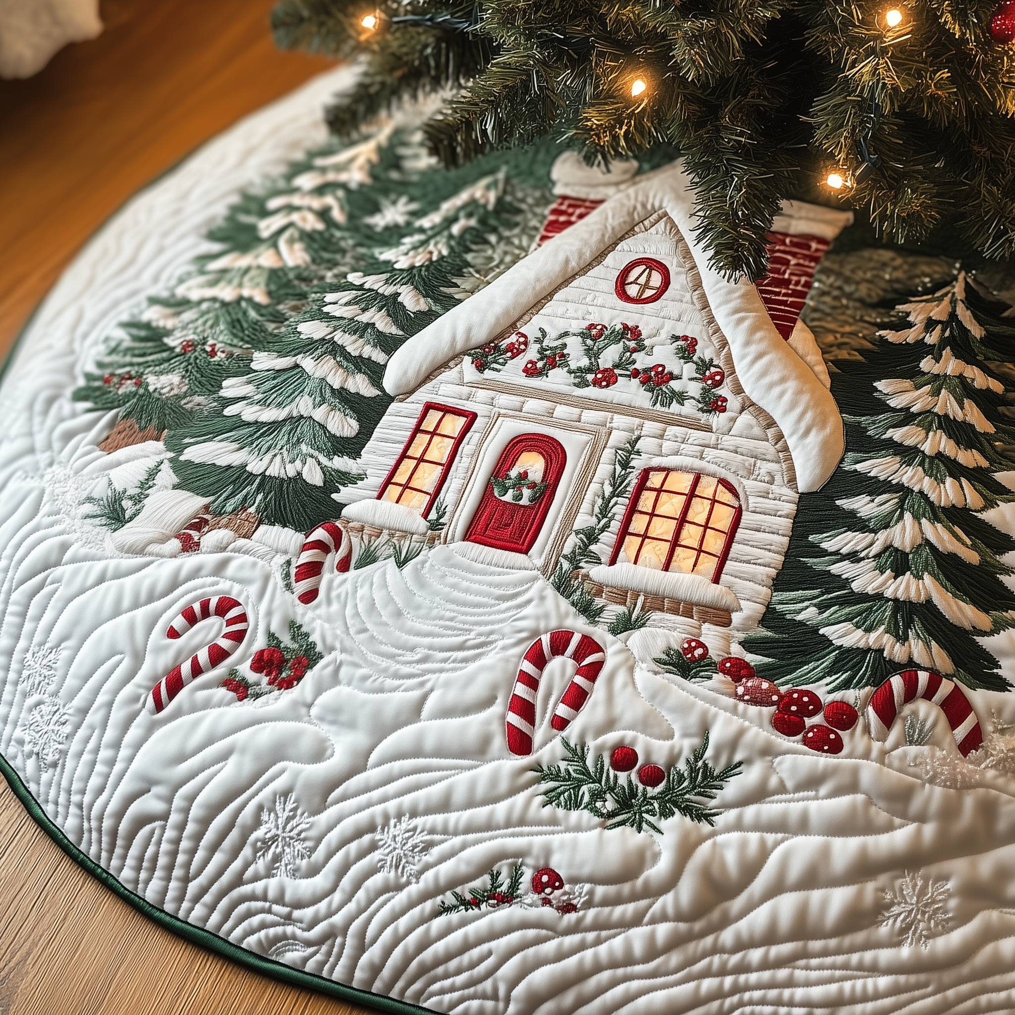 Snowy Cottage Best Christmas Tree Skirts Handcrafted Quilted Holiday Decoration Gift Idea