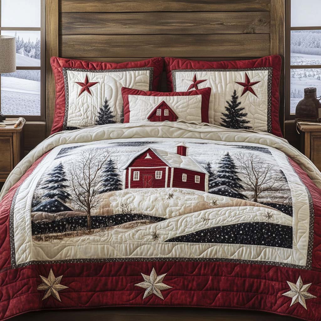 Snowy Cottage Quilted Bedding Set Xmas Duvet Sets Best Family Xmas Gifts