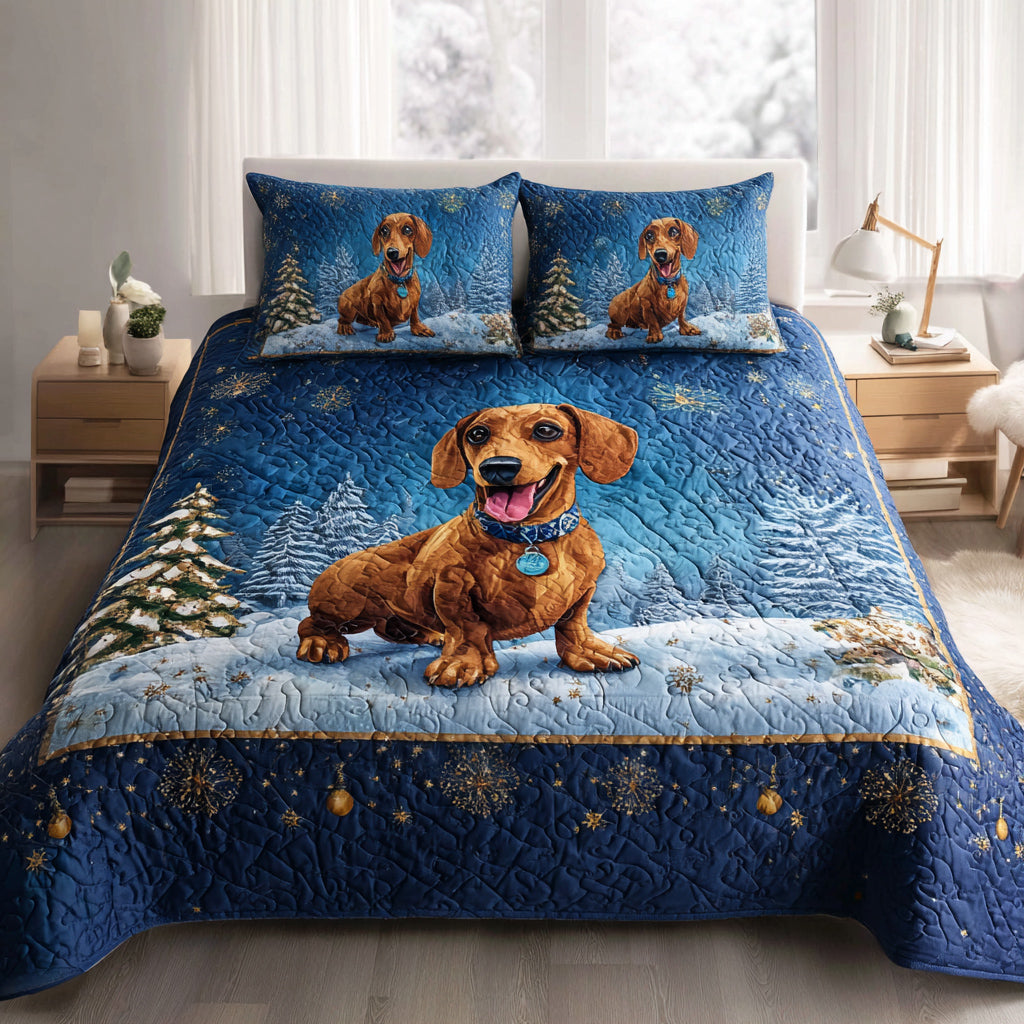 Snowy Dachshund Charm Quilted Bedding Set Holiday Duvet Cover Set Presents For Dachshund Lovers