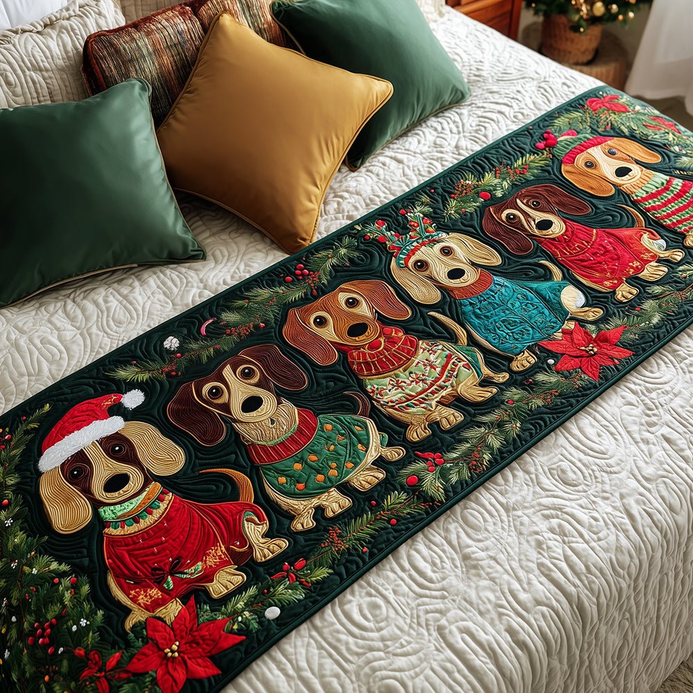Snowy Dachshund Quilted Bed Runner Christmas Holiday Decor Unique Dachshund Gifts