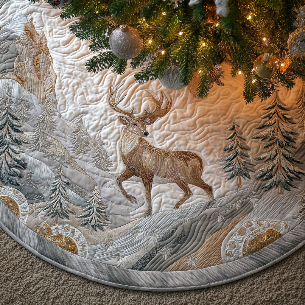 Snowy Deer Quilted Christmas Tree Skirt Holiday Season Inreindeer Christmas Tree Decorations