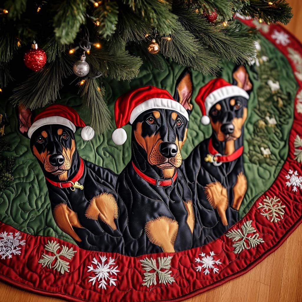 Snowy Doberman Defender Christmas Quilted Tree Skirt Custom Christmas Tree Skirt Merch for Your Family