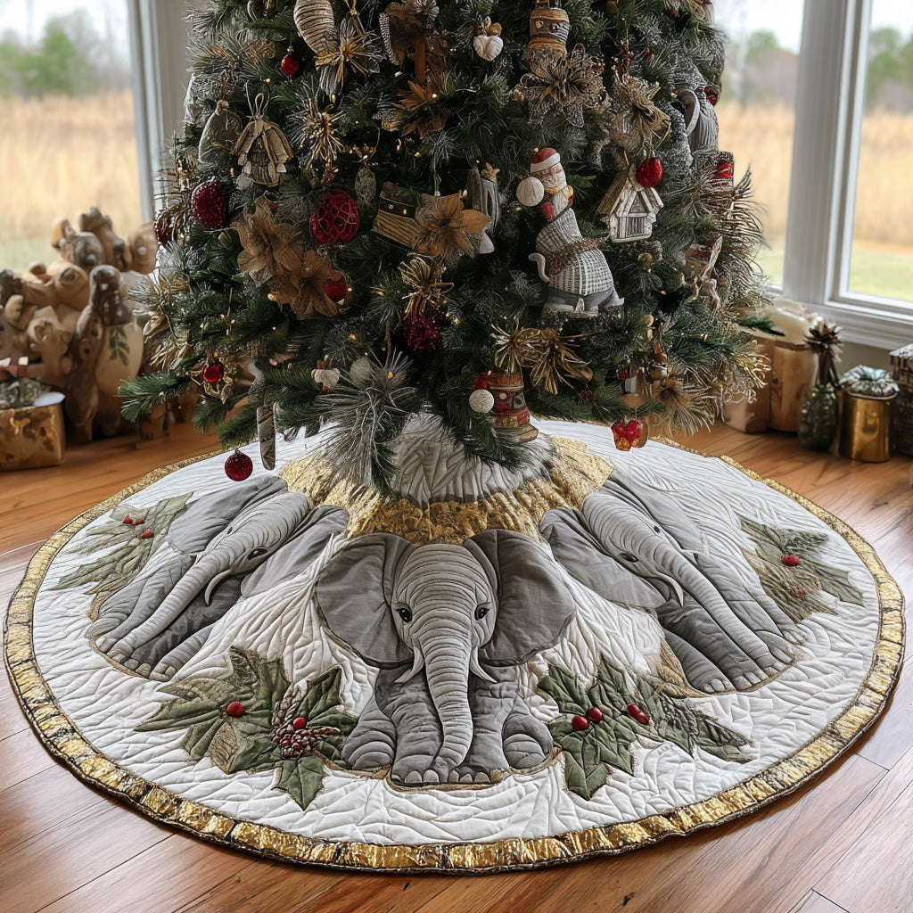 Snowy Elephants Quilted Christmas Tree Skirt Xmas Tree Decor Christmas Gift For Elephant Lovers