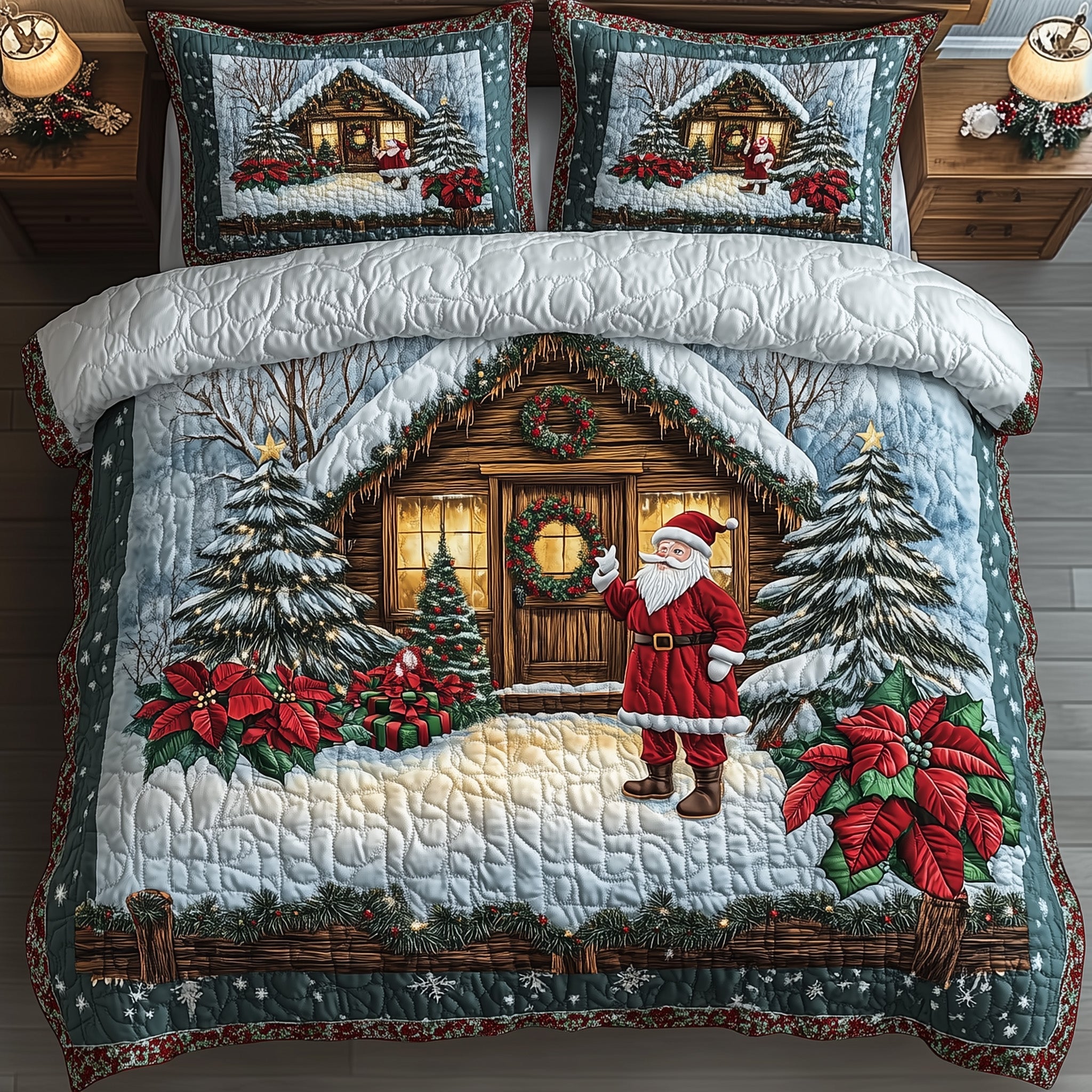 Snowy Farm Quilted Bedding Set  Duvet Cover Santa Claus Christmas Holiday Gift Ideas
