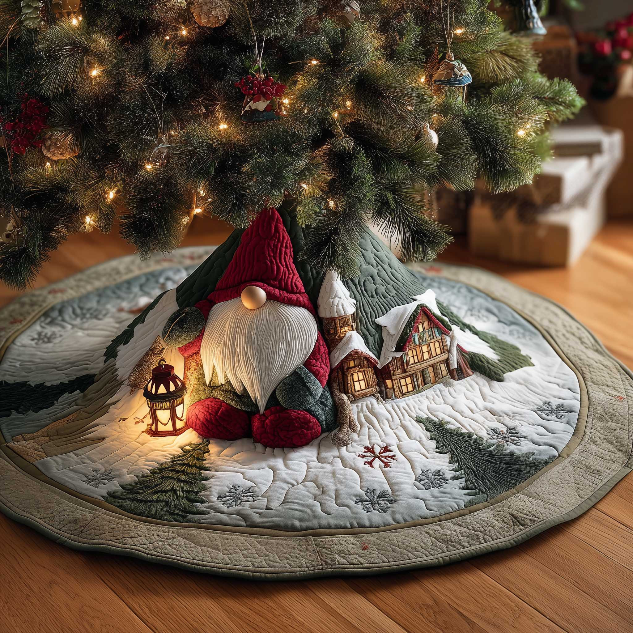 Snowy Gnome Christmas Quilted Tree Skirt Holiday Tree Surround Decor Gnome Related Gifts