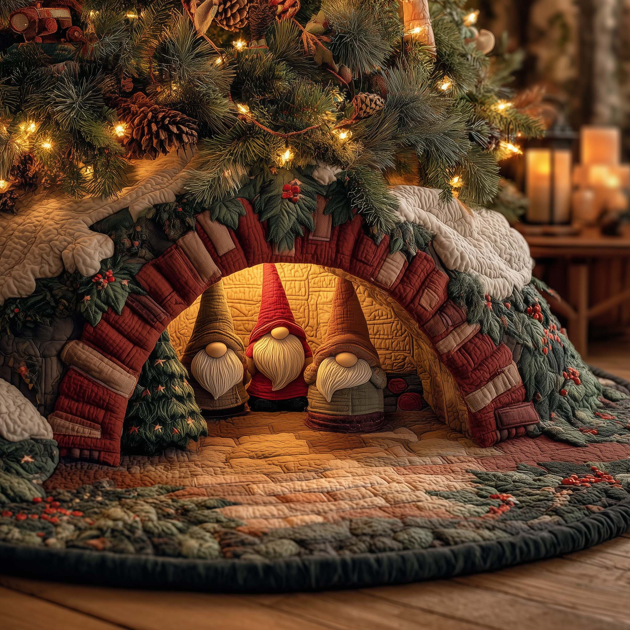 Snowy Gnome Christmas Quilted Tree Skirt Xmas Tree Base Cover Decor Gnome Themed Gifts