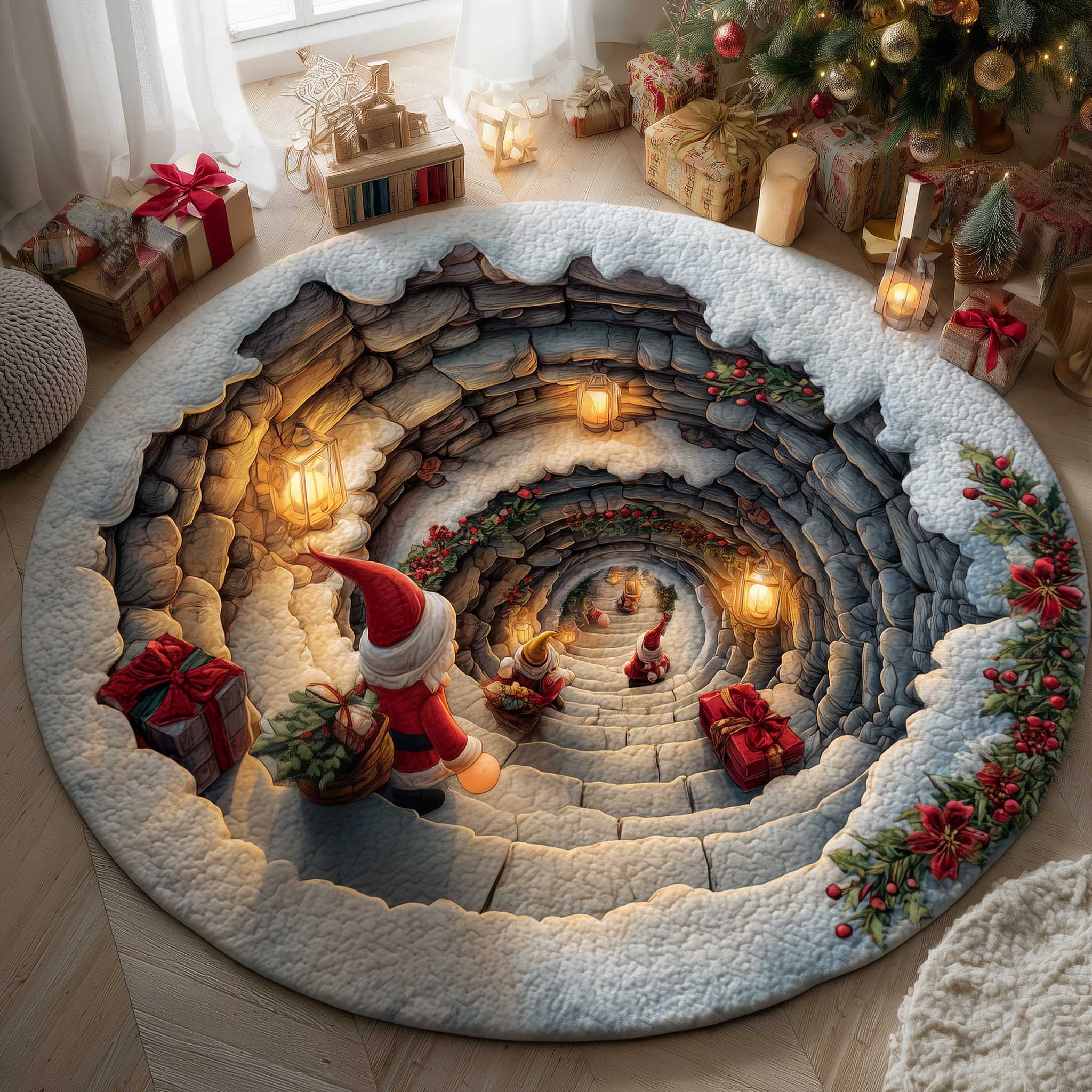 Snowy Gnome Quilted Round Mat Vibrant Quilted Round Mat to Brighten Your Room