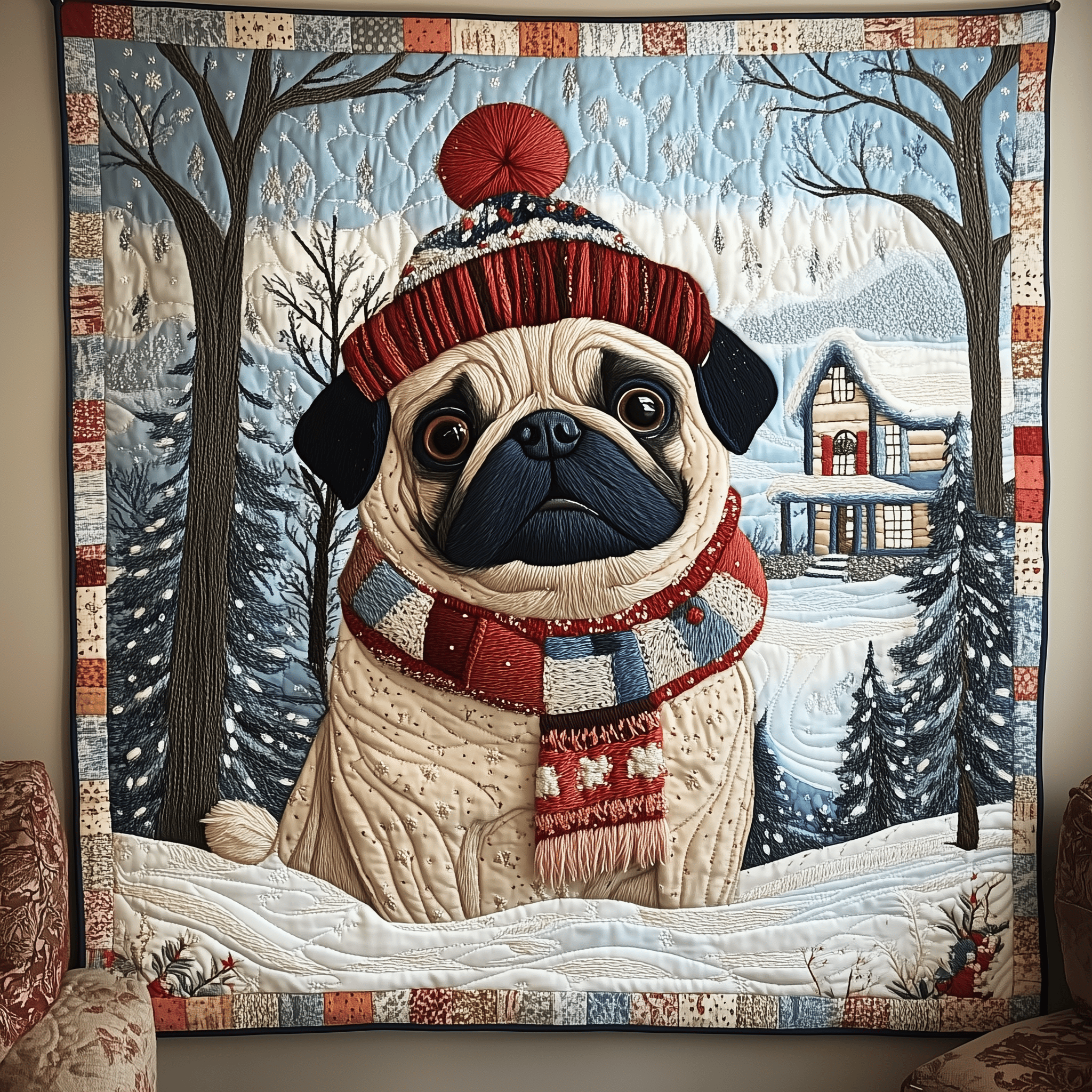 Snowy Happy Pug Quilted Blanket Christmas Throw Blanket Christmas Gifts For Pug Lovers