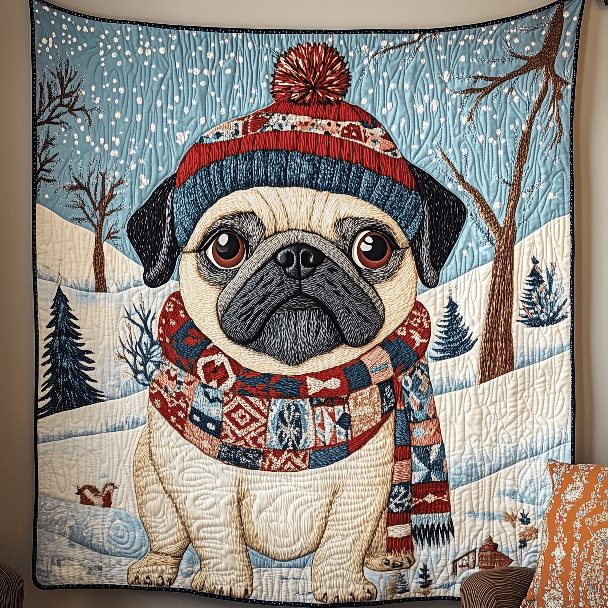 Snowy Happy Pug Quilted Blanket Christmas Throw Blanket Cool Christmas Gifts