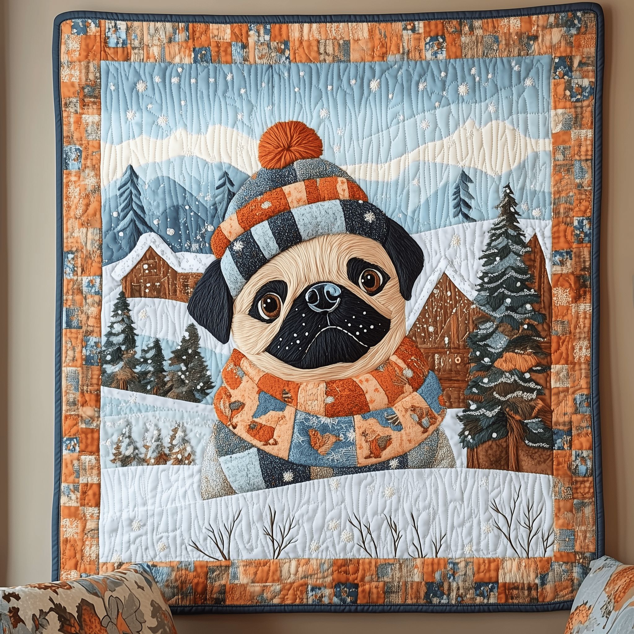 Snowy Happy Pug Quilted Blanket Christmas Throw Blanket Grandparent Christmas Gifts