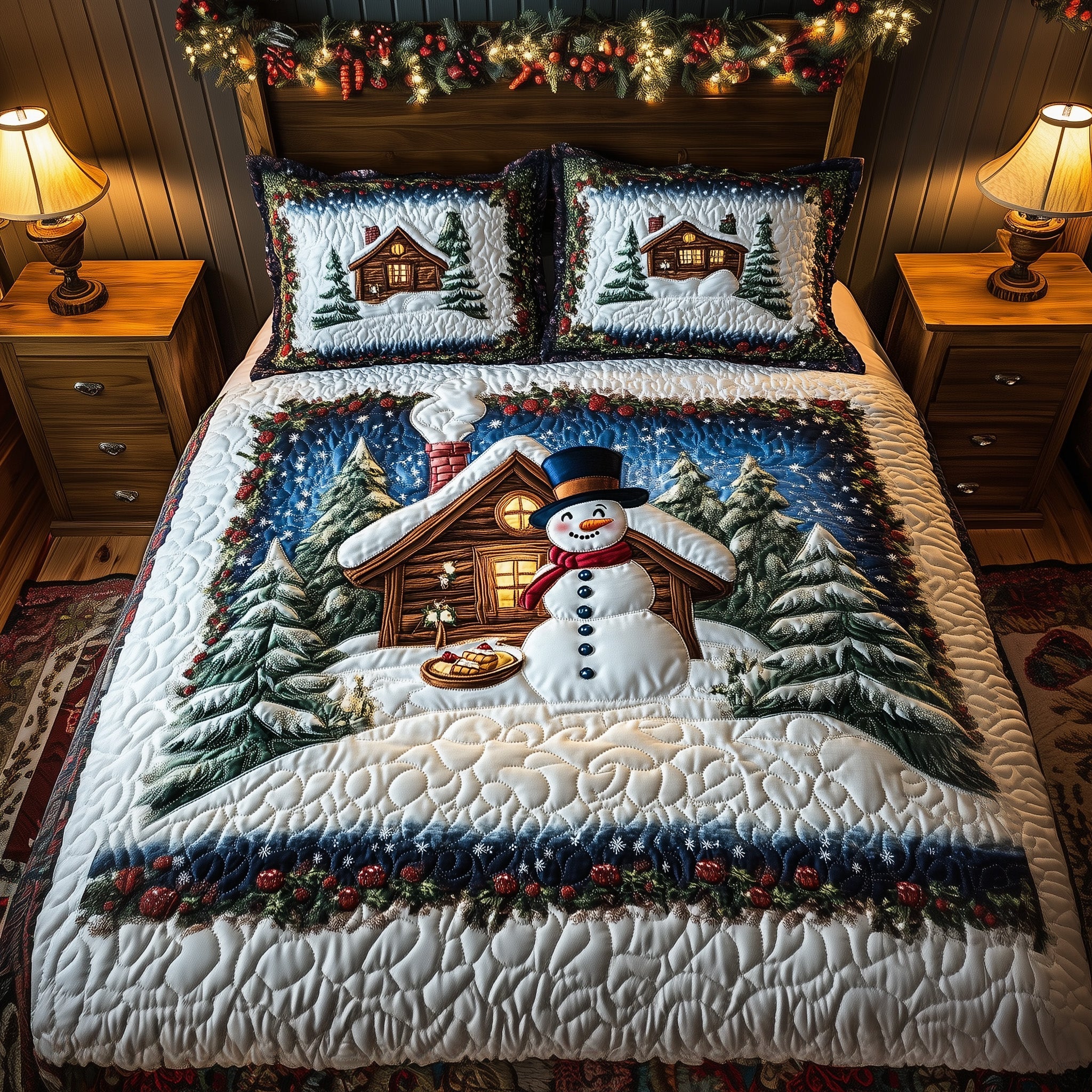 Snowy Holiday Retreat Quilted Bedding Set Funny Snowman Decor Best Holiday Bedroom Gifts