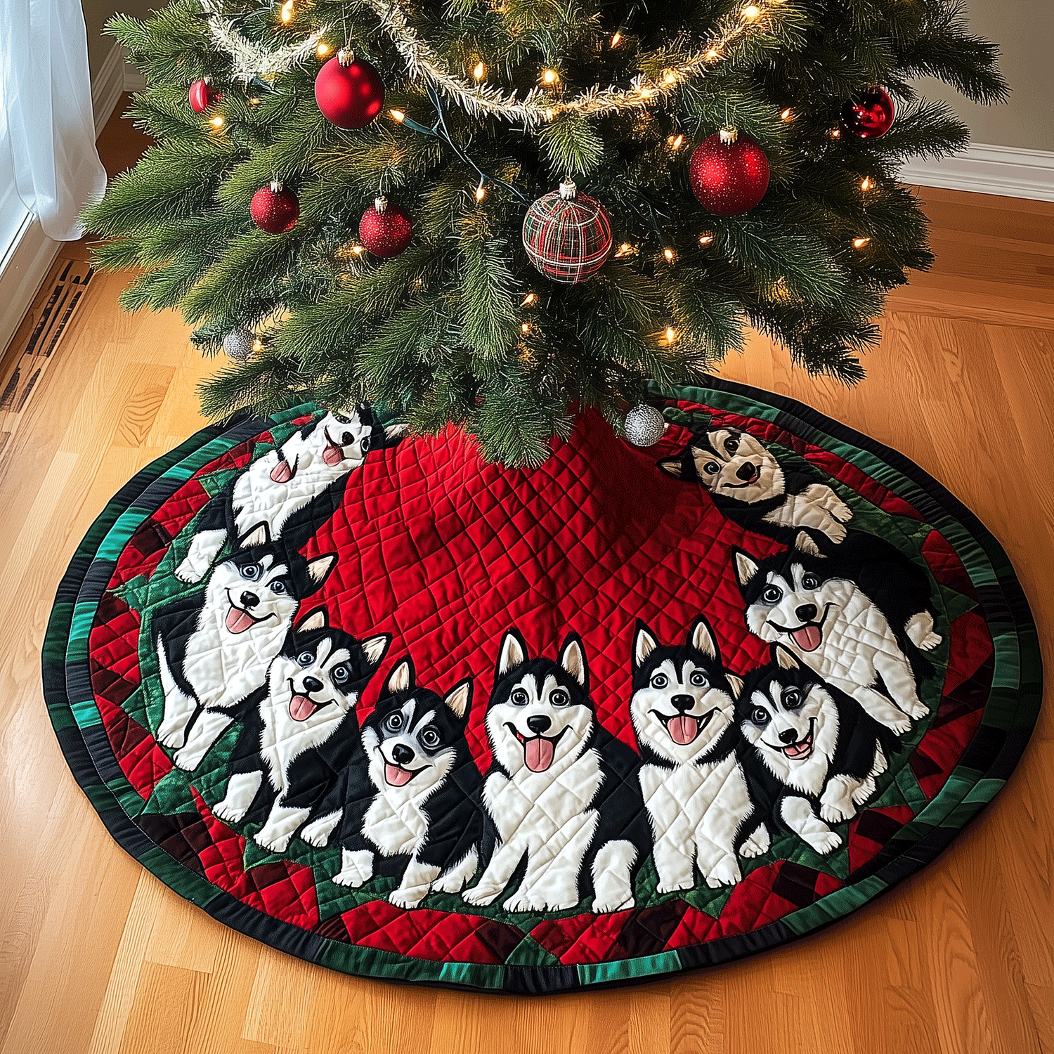 Snowy Husky Christmas Quilted Christmas Tree Skirt Festive Christmas Tree Skirt for Holiday Decor