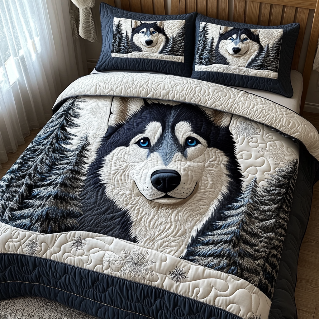 Snowy Husky Quilted Bedding Set Special Home Gift Idea for Comfortable Living