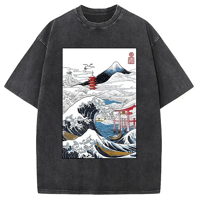 Snowy Japan Washed T-Shirt Casual Vintage Everyday Look Gifts For Him