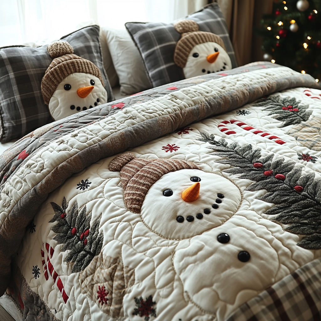 Snowy Joy Quilted Bedding Set Christmas Bed Sheets Snowman Gifts For Adults