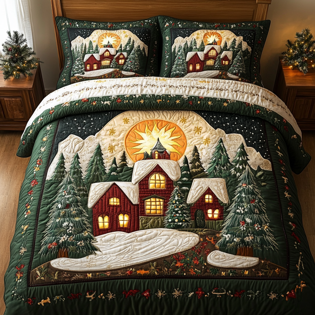 Snowy Lane Quilted Bedding Set Holiday Season Duvet Cover Set Good Christmas Gifts