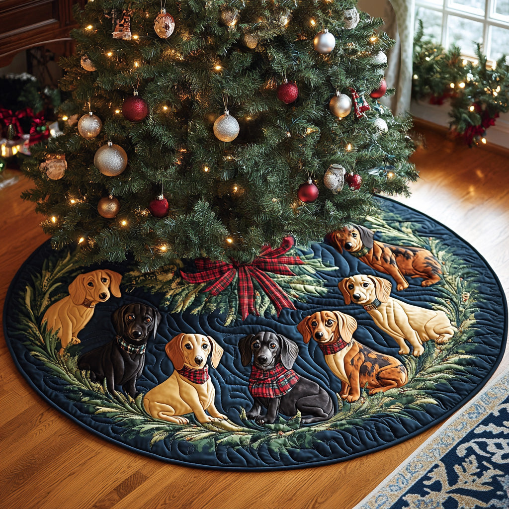 Snowy Long Pup Noel Quilted Christmas Tree Skirt Xmas Tree Bottom Cover Sausage Dog Gifts For Her