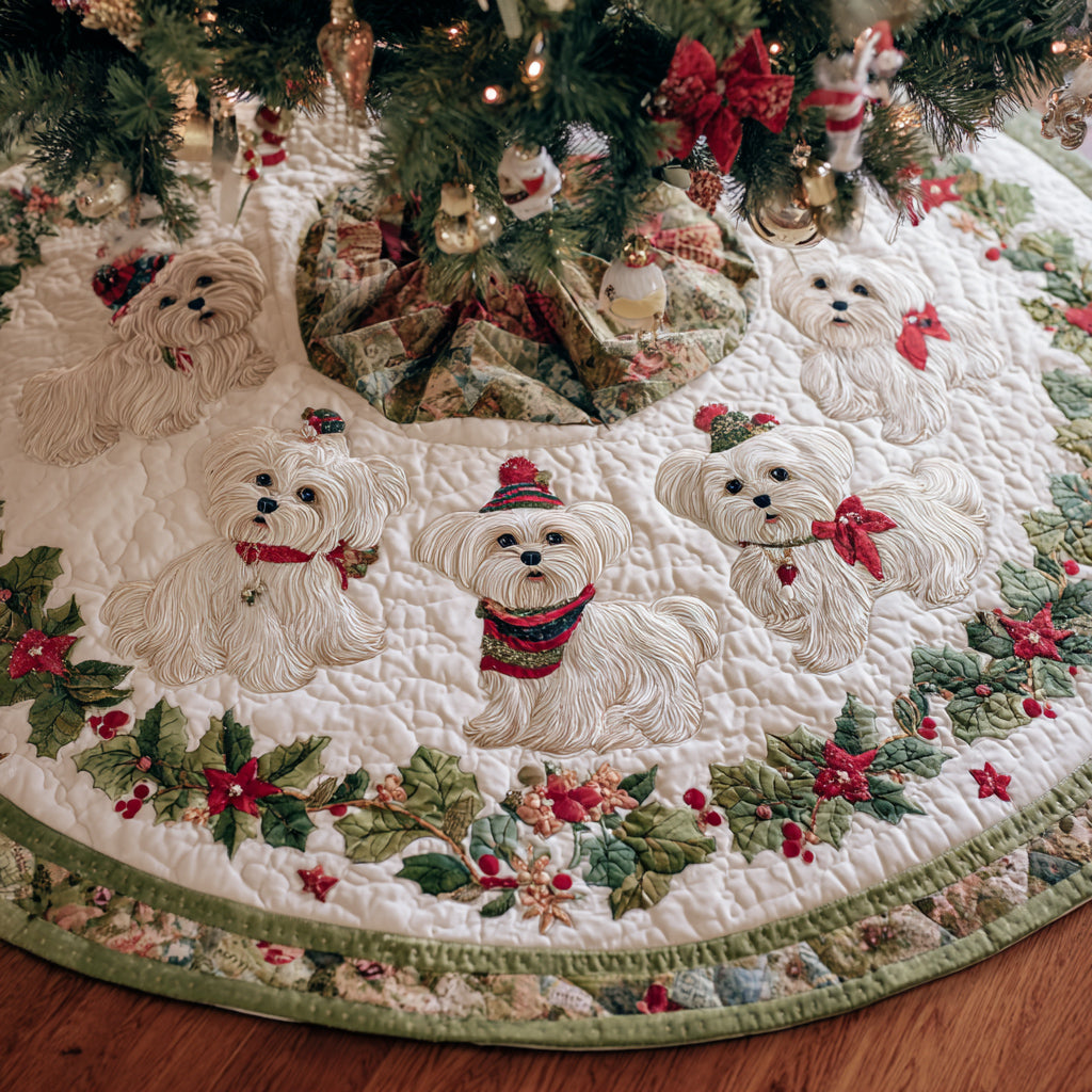 Snowy Maltese Paws Quilted Christmas Tree Skirt Holiday Decorations Cute Gifts For Dog Lovers Owners
