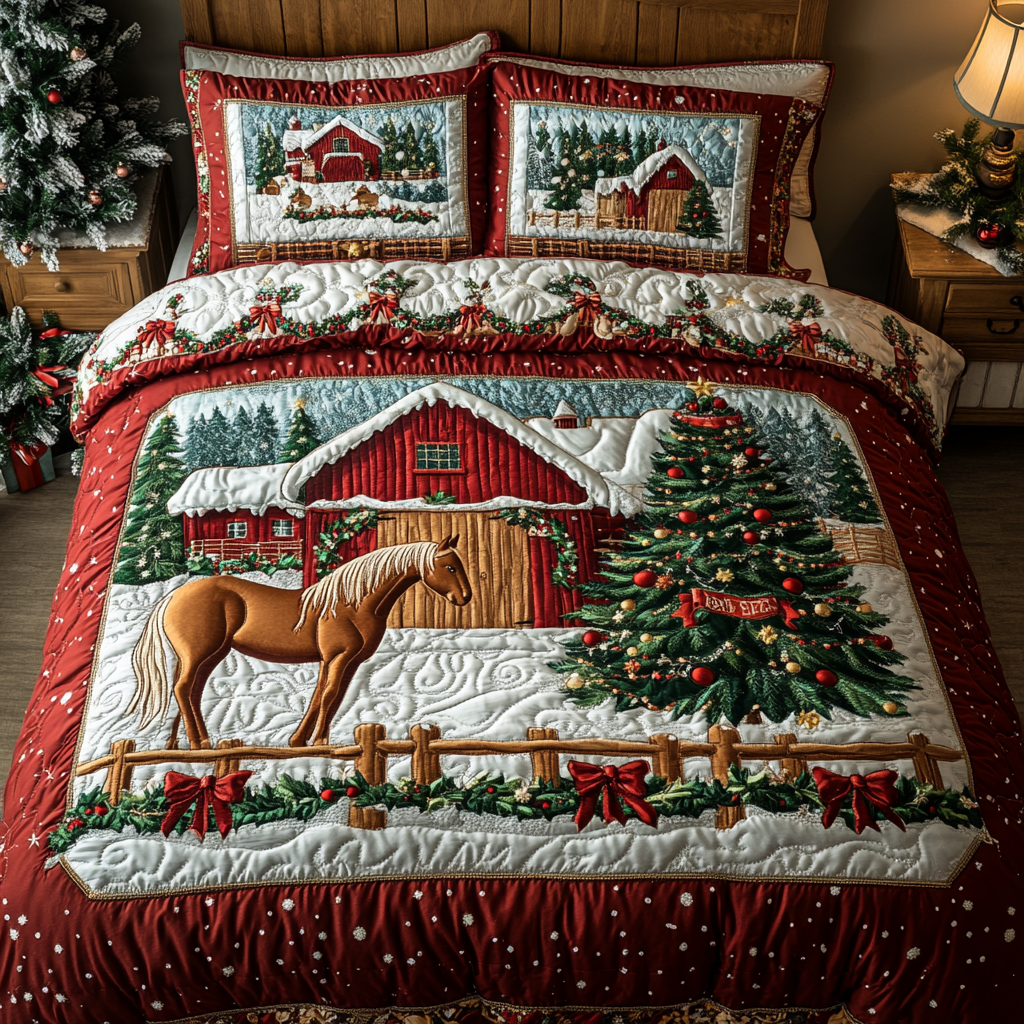 Snowy Meadow Quilted Bedding Set Christmas Bedding Sets Unique Gifts For Horse Owners
