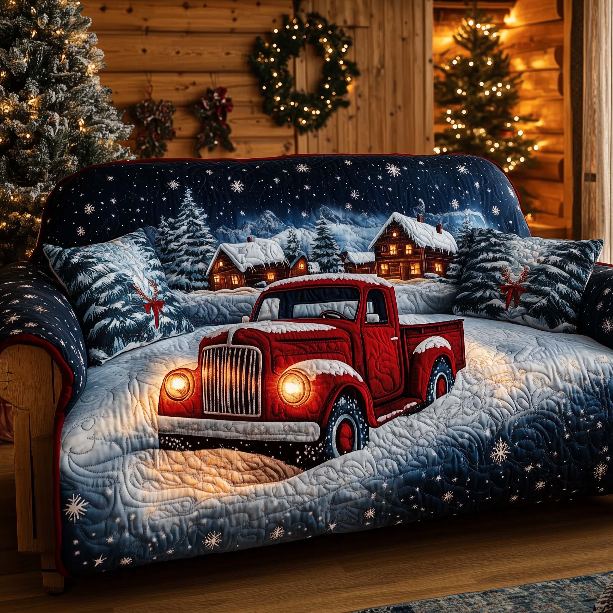 Snowy Night Delivery Quilted Sofa Cover Peaceful Holiday Truck Gift For Christmas Holiday