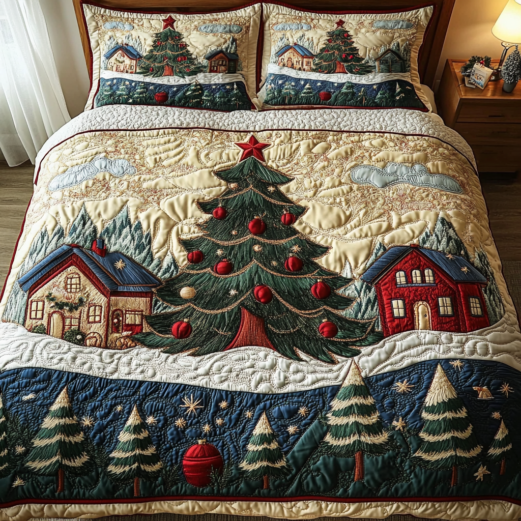 Snowy Night Quilted Bedding Set Xmas Duvet Sets Present For Mother In Law Christmas