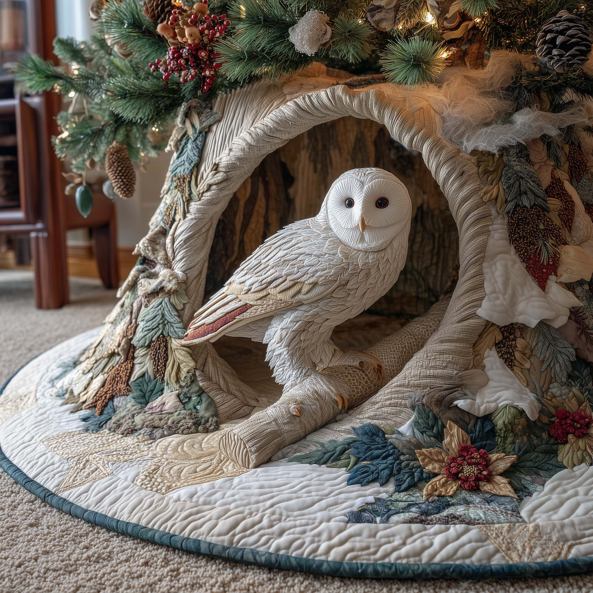Snowy Owl Christmas Quilted Tree Skirt Winter Tree Bottom Cover Xmas Owl Gift Decoration
