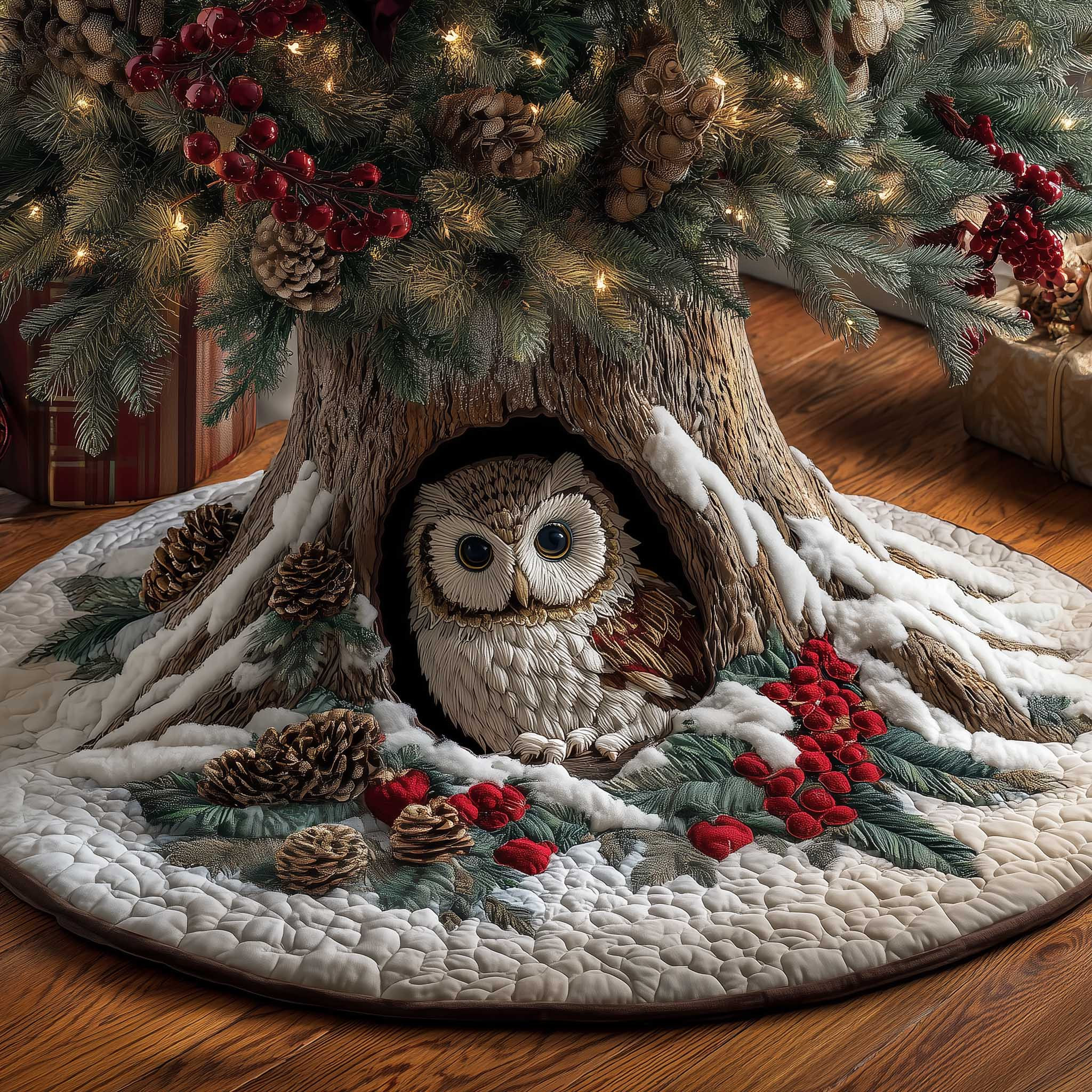 Snowy Owl Christmas Quilted Tree Skirt Xmas Tree Base Cover Decor Owl Related Gifts For Her
