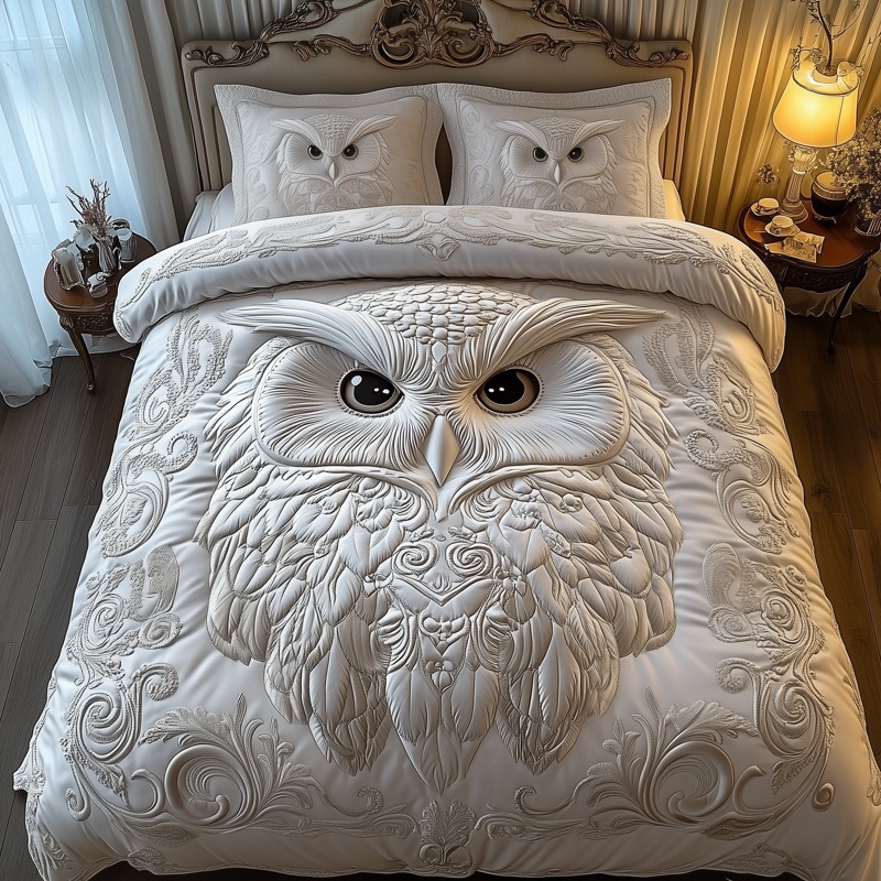 Snowy Owl Quilted Bedding Set Winter Bird Bedroom Decor Best Gift For Bird Lovers